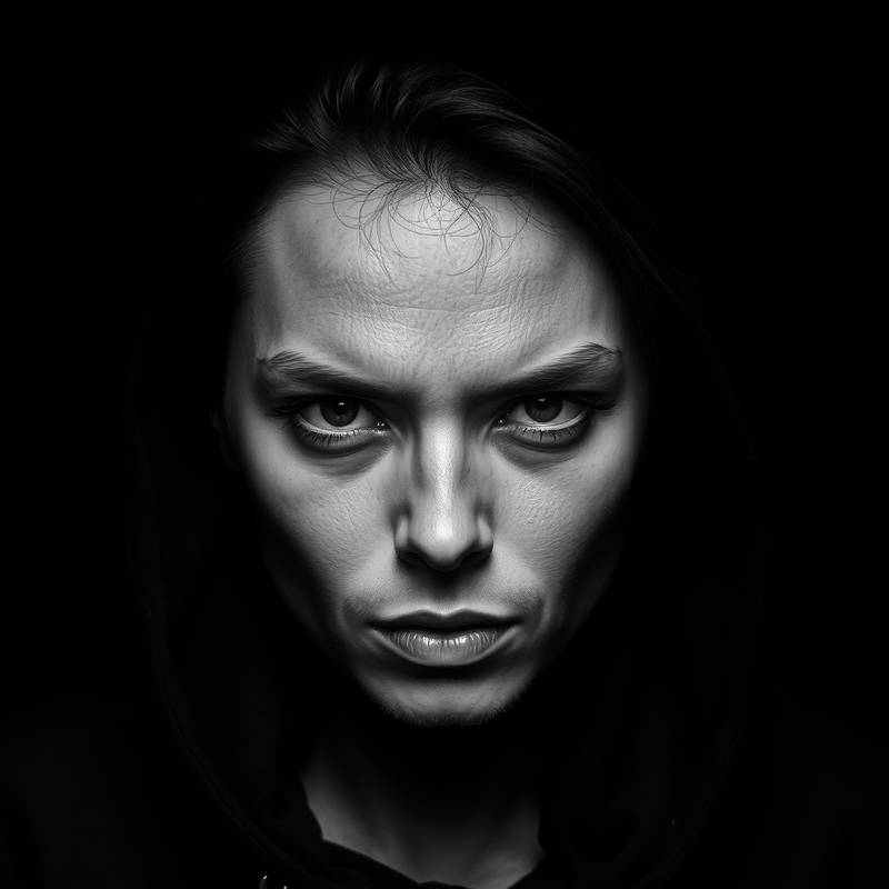 A powerful black and white conversion of a portrait in GIMP, emphasizing the dramatic potential of GIMP for creating striking monochrome images