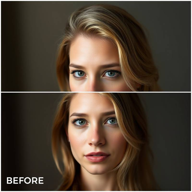 Before and after comparison of a portrait being retouched