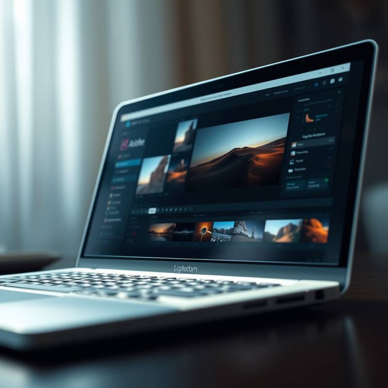 Laptop displaying Adobe Lightroom interface with editing tools