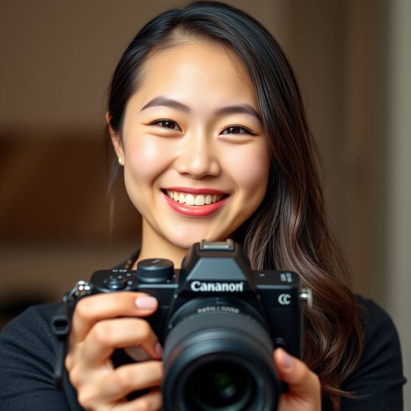 Professional headshot of Sarah Chen, a Lightroom specialist, smiling warmly and holding a camera